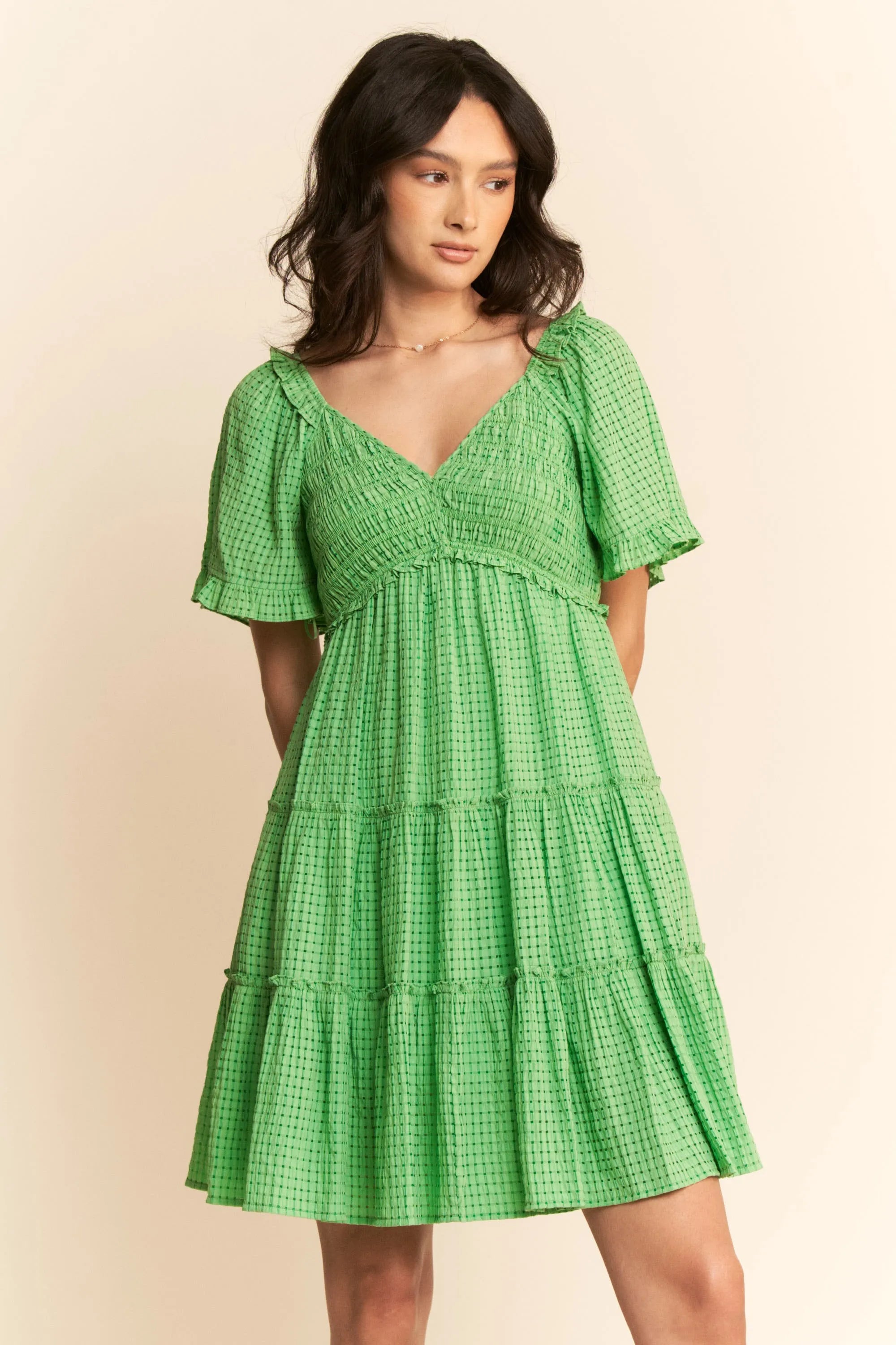 Davi & Dani Jacquard Checker Smocking Tiered Dress OutfitFlow