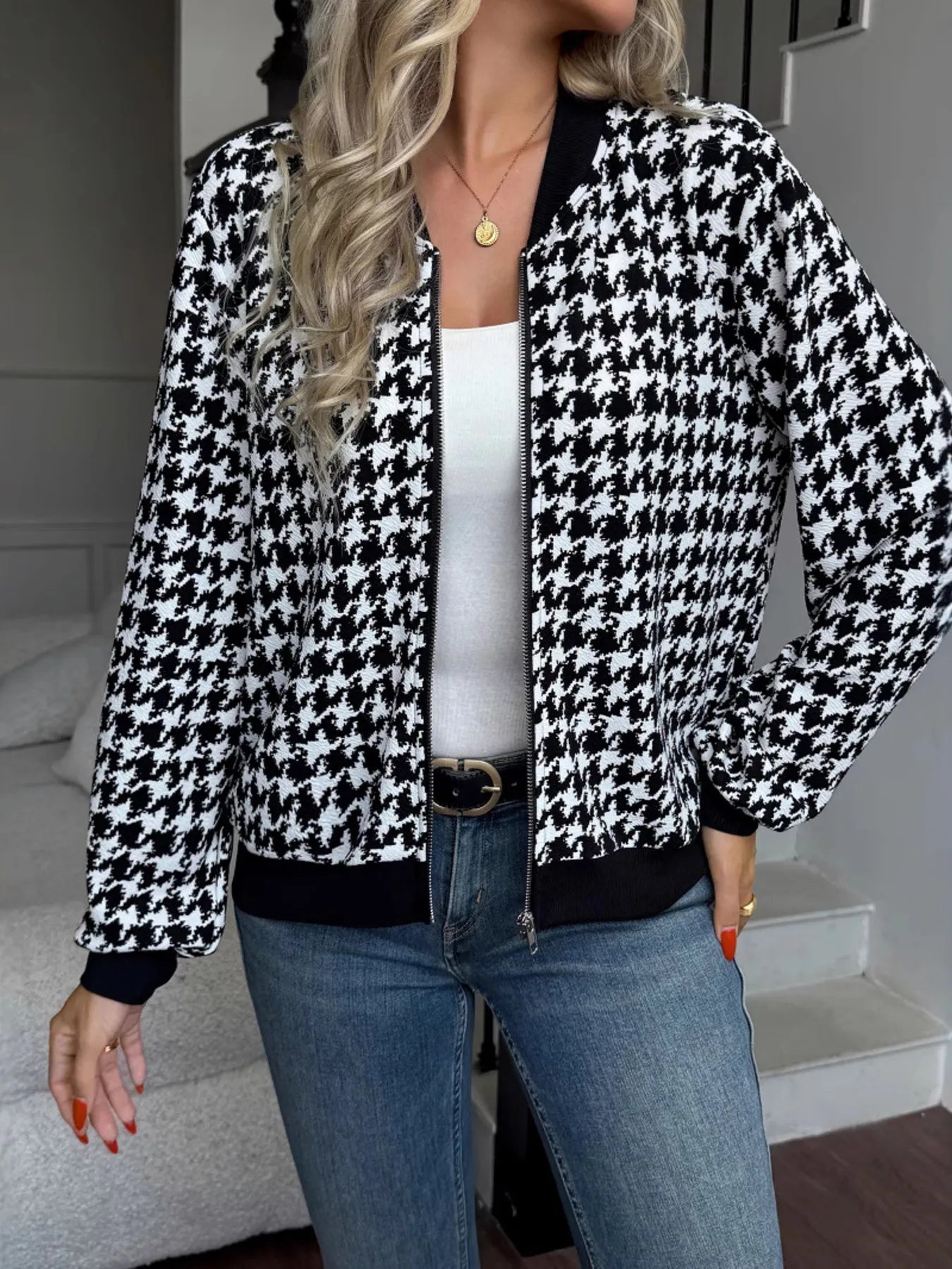 Zip Up Houndstooth Pattern Jacket OutfitFlow
