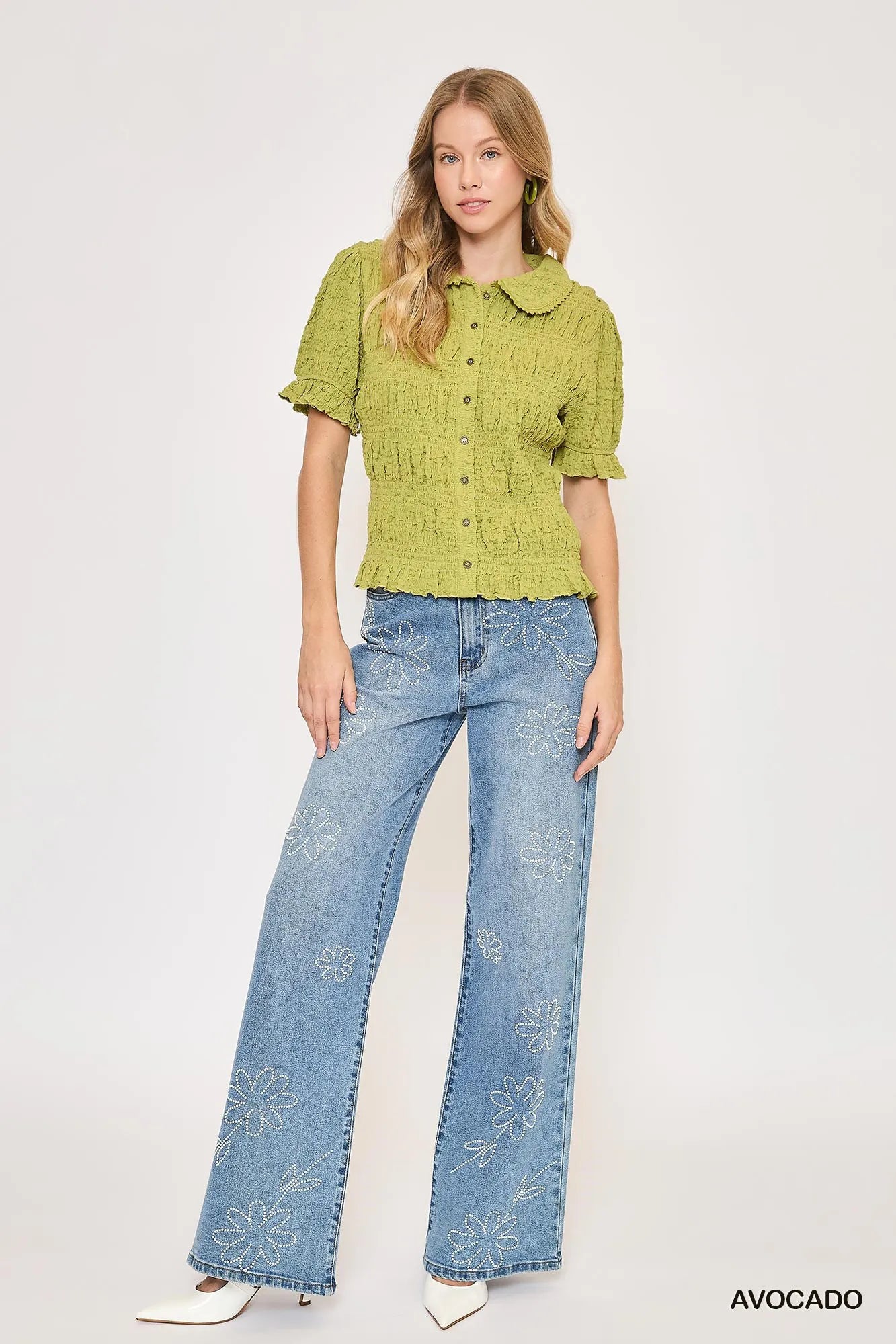 Umgee Smocked Short Sleeve Button-Front Shirt with Peter Pan Collar Trendsi