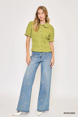 Umgee Smocked Short Sleeve Button-Front Shirt with Peter Pan Collar Trendsi