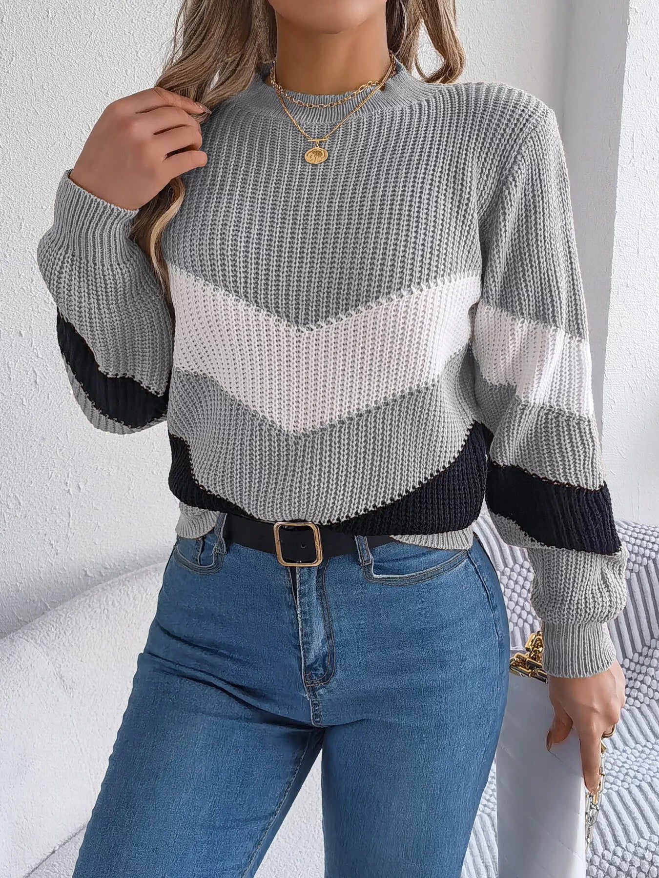 Chevron Stripe Color Block Round Neck Sweater OutfitFlow