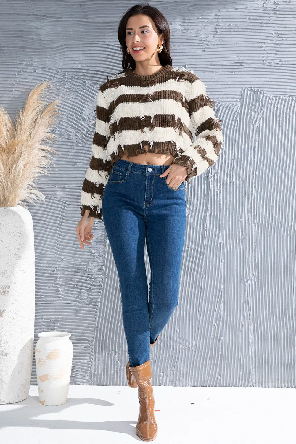 Striped Fringe Round Neck Sweater OutfitFlow