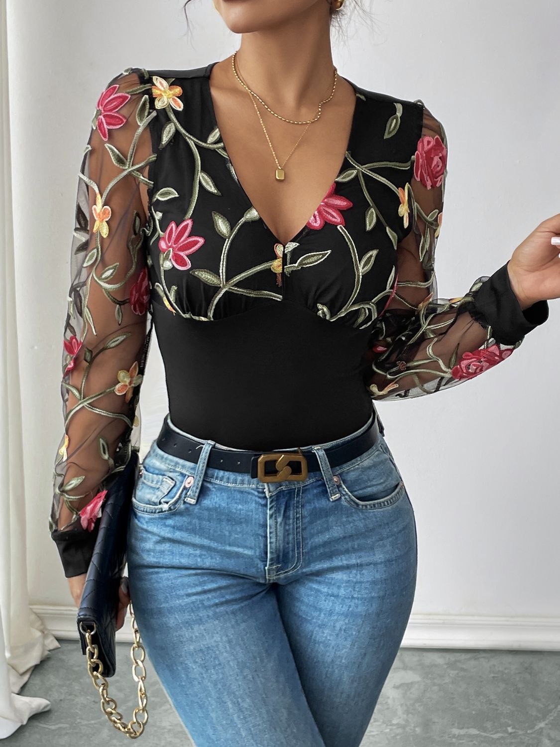 Outfit Flow - Perfee Embroidered V-Neck Long Sleeve Bodysuit