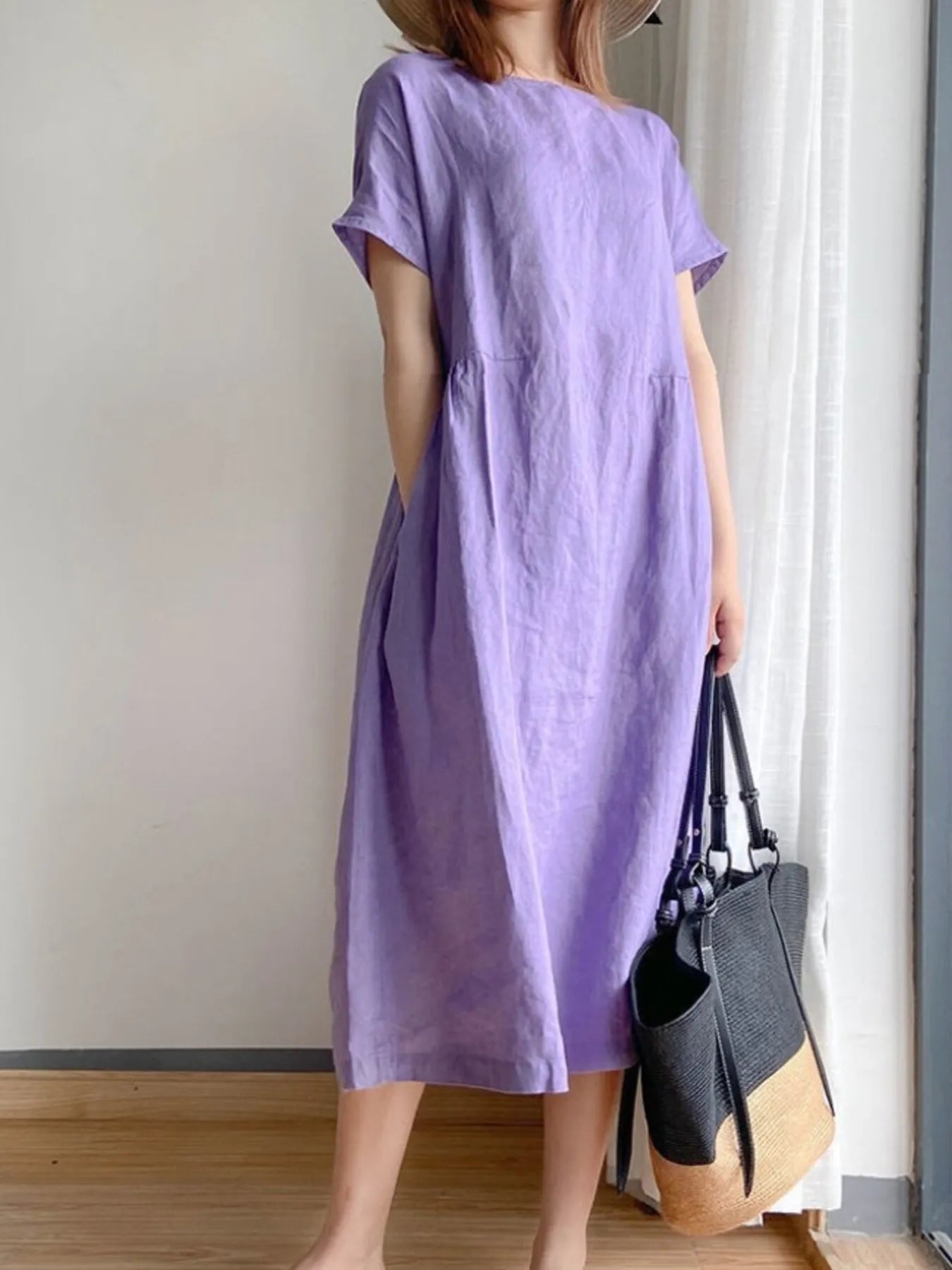 Full Size Casual Round Neck Midi Dress Plus Size OutfitFlow