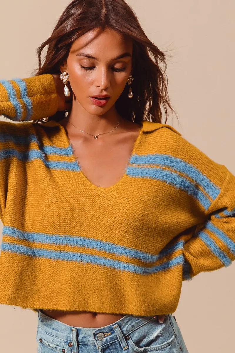 SO ME Fuzzy Hairy Stripe Deep U Neck Swetaer Trendsi