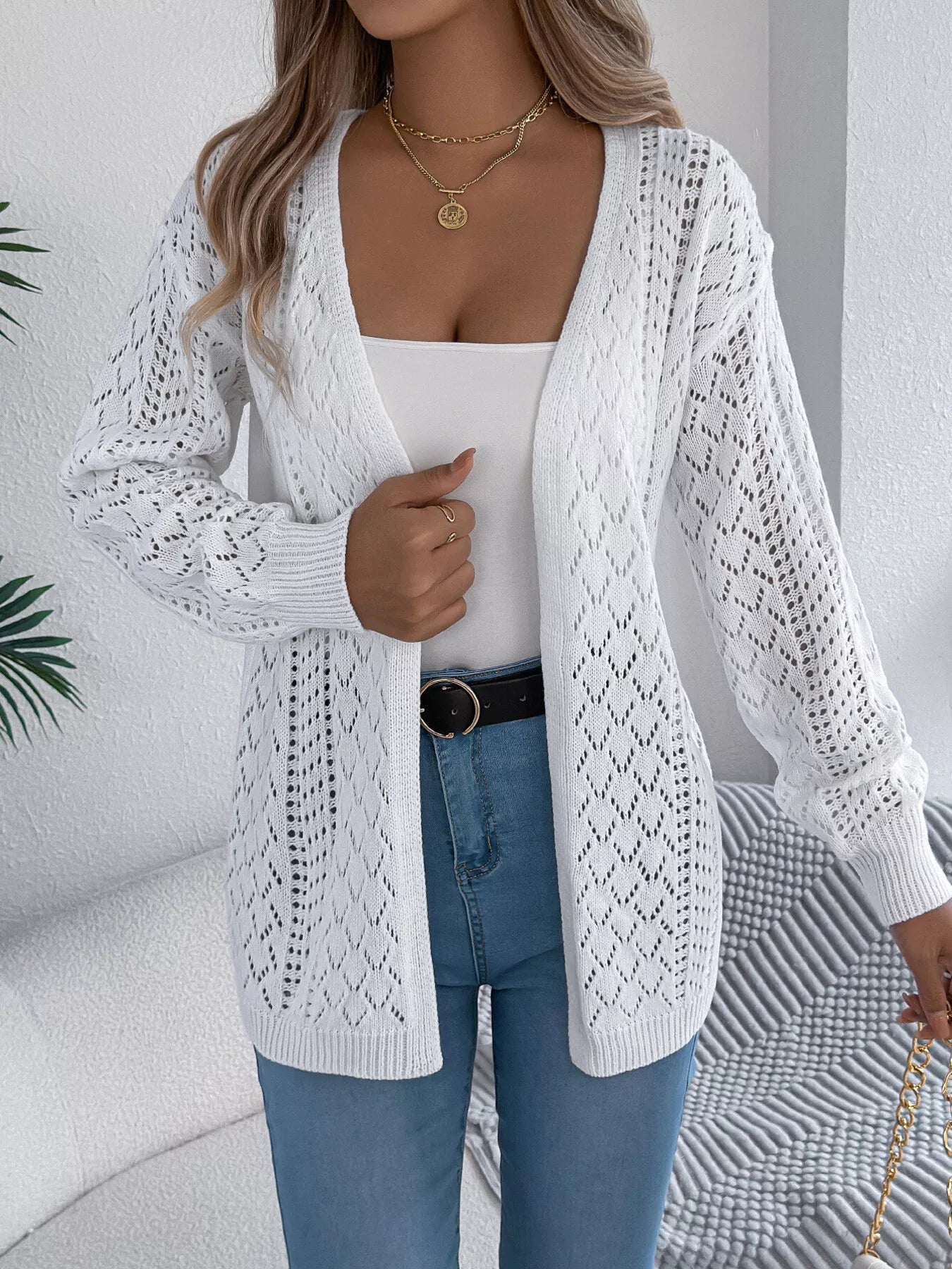 Openwork Open-Front Long Sleeve Cardigan OutfitFlow