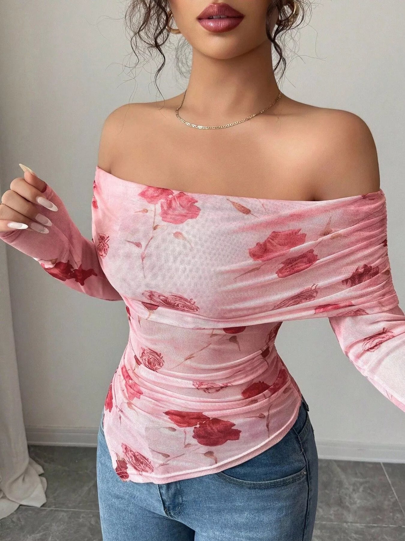 Floral Print Off-Shoulder Mesh Top OutfitFlow