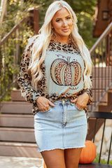 Outfit Flow - Pumpkin Graphic Leopard Round Neck Long Sleeve Sweatshirt