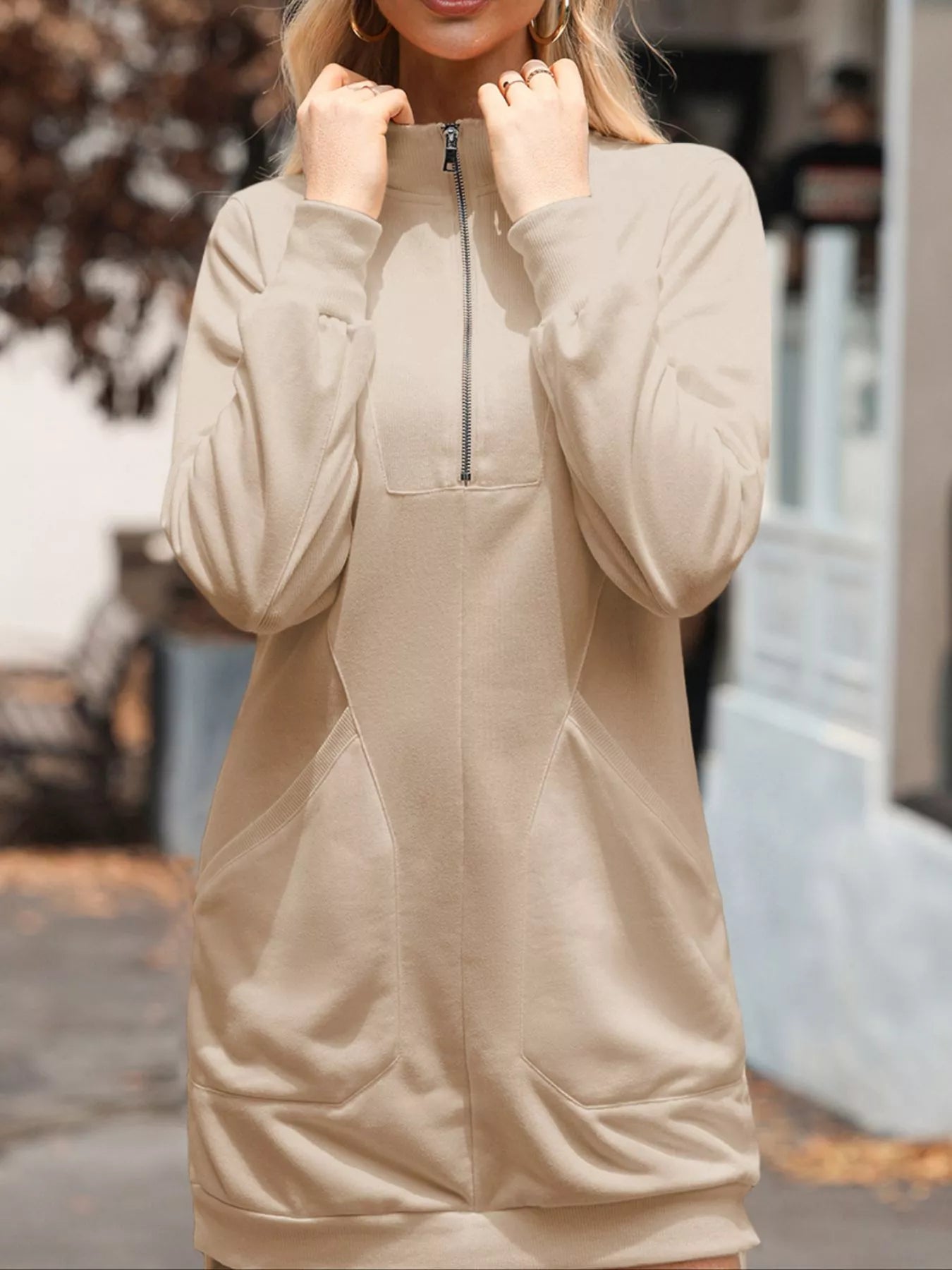 Zip Up Collared Ribbed Patchwork Sweatshirt Dress with Pockets OutfitFlow