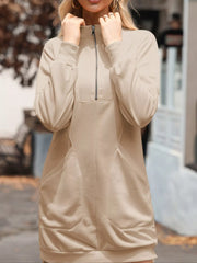 Zip Up Collared Ribbed Patchwork Sweatshirt Dress with Pockets OutfitFlow