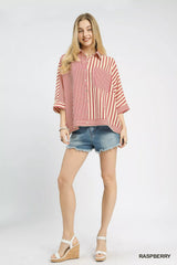 Umgee Mixed Stripe Oversized Button Down Top OutfitFlow
