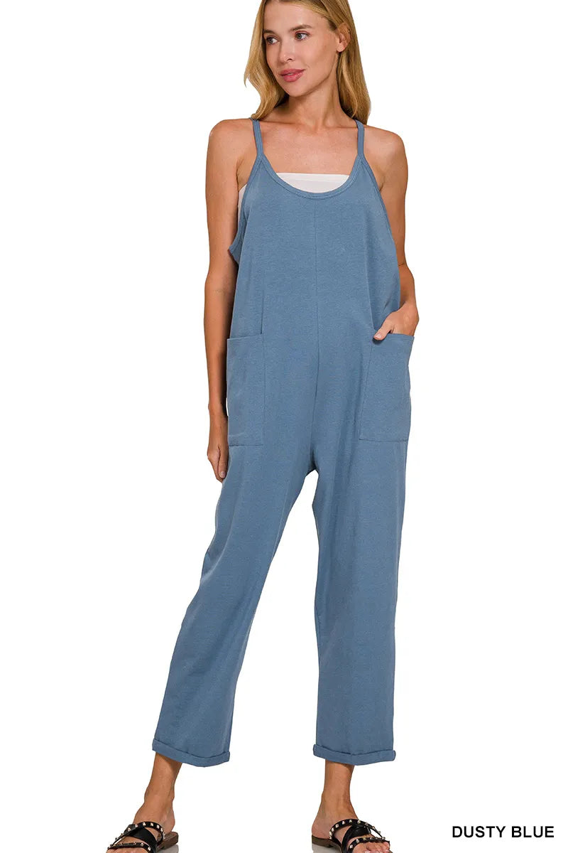 Zenana Spaghetti Strap Pocketed Jumpsuit DUSTY TEAL Trendsi