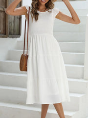 Ruffled Round Neck Cap Sleeve Dress OutfitFlow