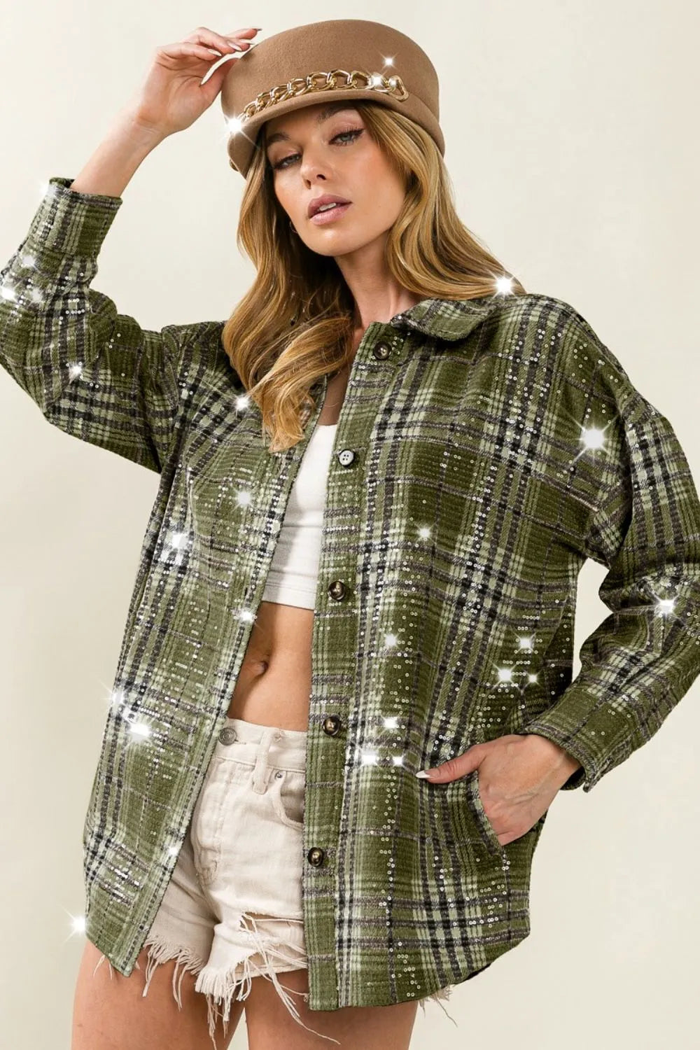 BiBi Allover Clear Sequins Vintage Plaid Jacket OLIVE MULTI OutfitFlow
