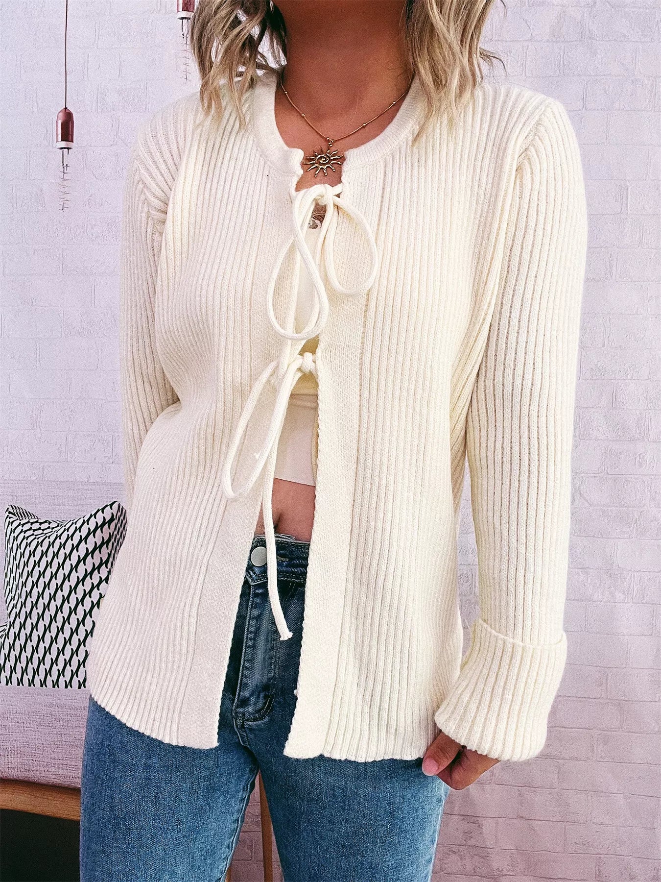 Ribbed Tie Front Long Sleeve Cardigan OutfitFlow