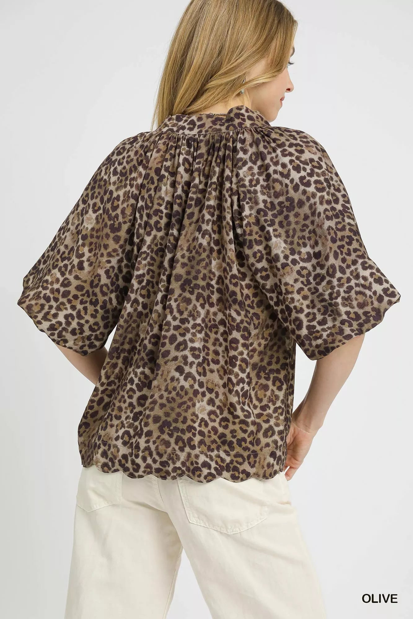 Umgee Leopard Bubble Sleeve Scalloped Hem Blouse OutfitFlow
