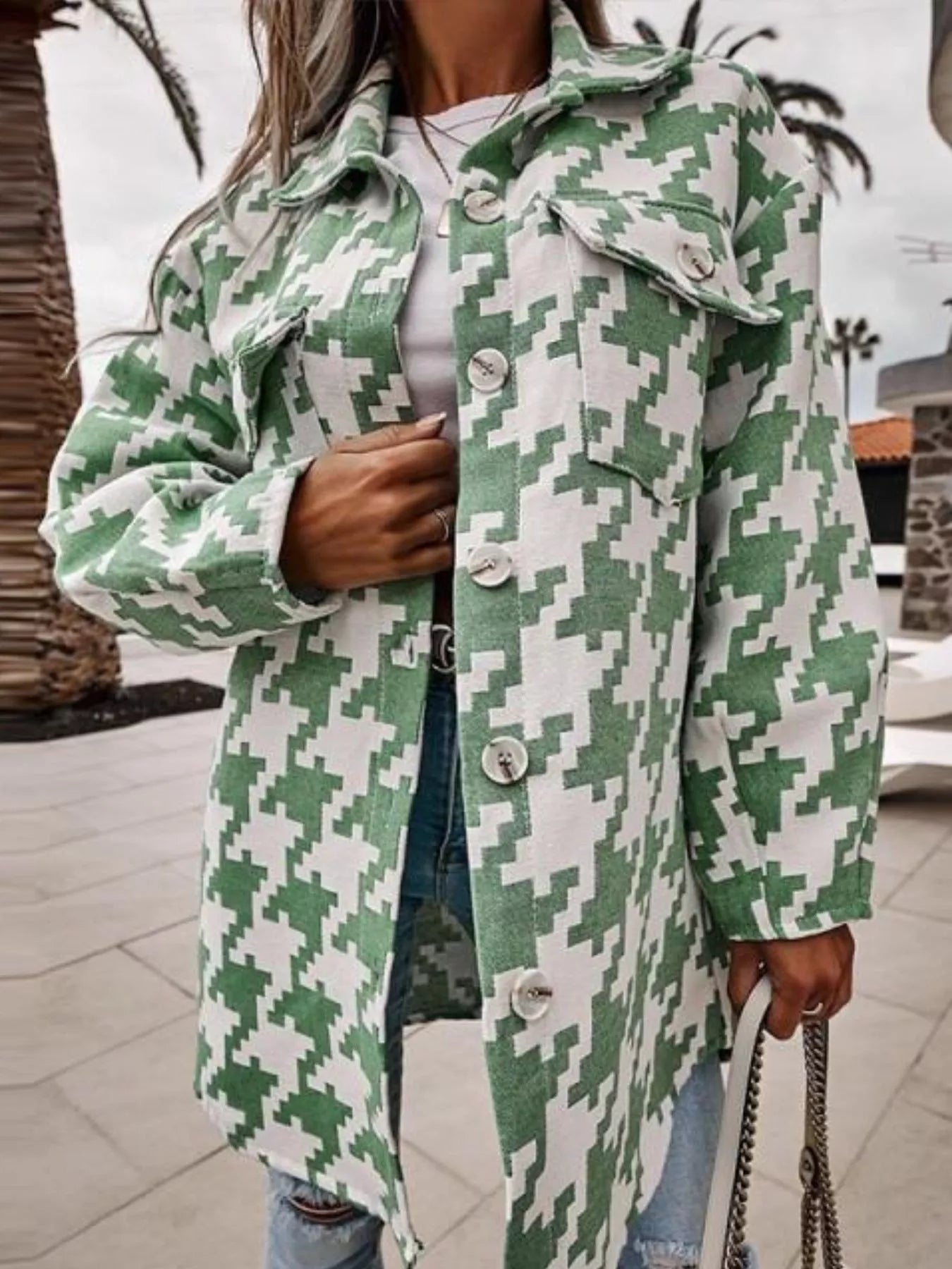 Houndstooth Button Up Long Sleeve Outerwear Green OutfitFlow
