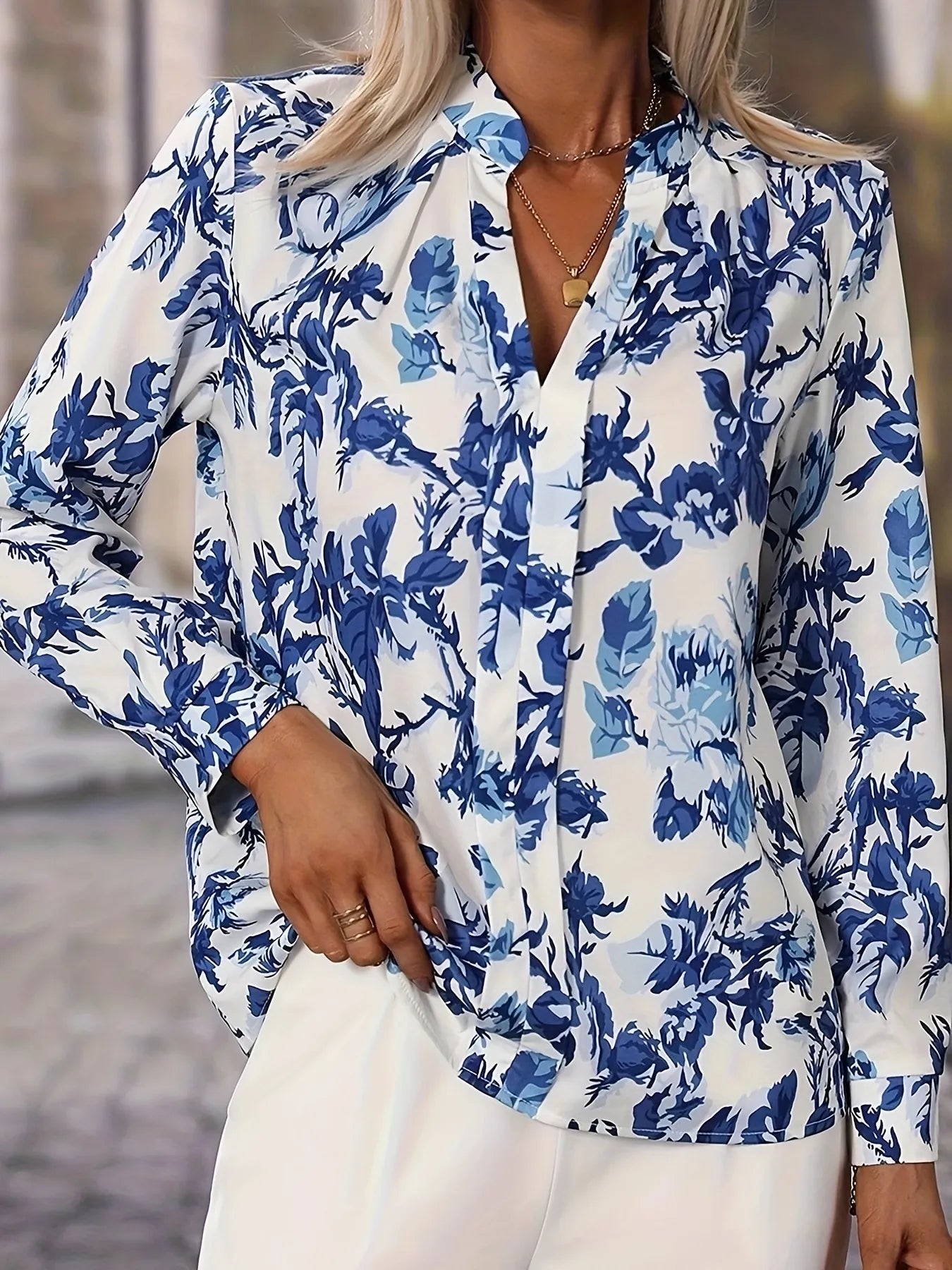 Printed Notched Long Sleeves Blouse OutfitFlow