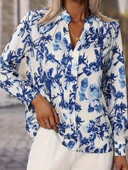 Printed Notched Long Sleeves Blouse OutfitFlow