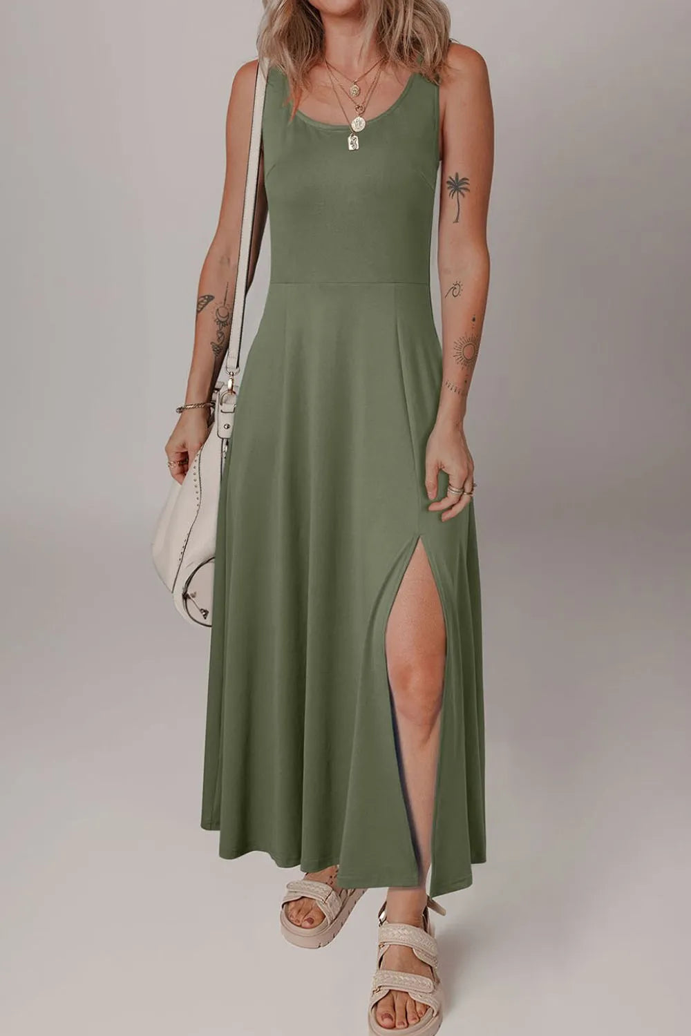 Side Slit Scoop Neck Wide Strap Dress OutfitFlow