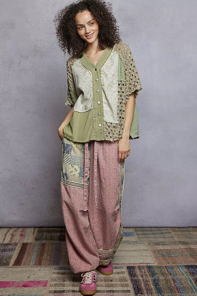 POL Button Down V-Neck Jacket with Printed Woven Patchwork OutfitFlow