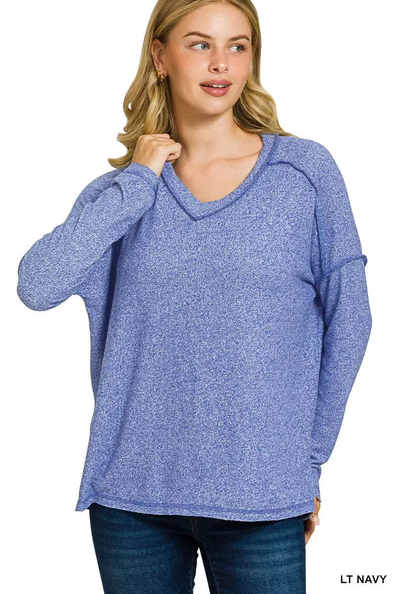 Zenana Soft Melange Hacci Exposed Seam Hi-low Tee LT NAVY Trendsi