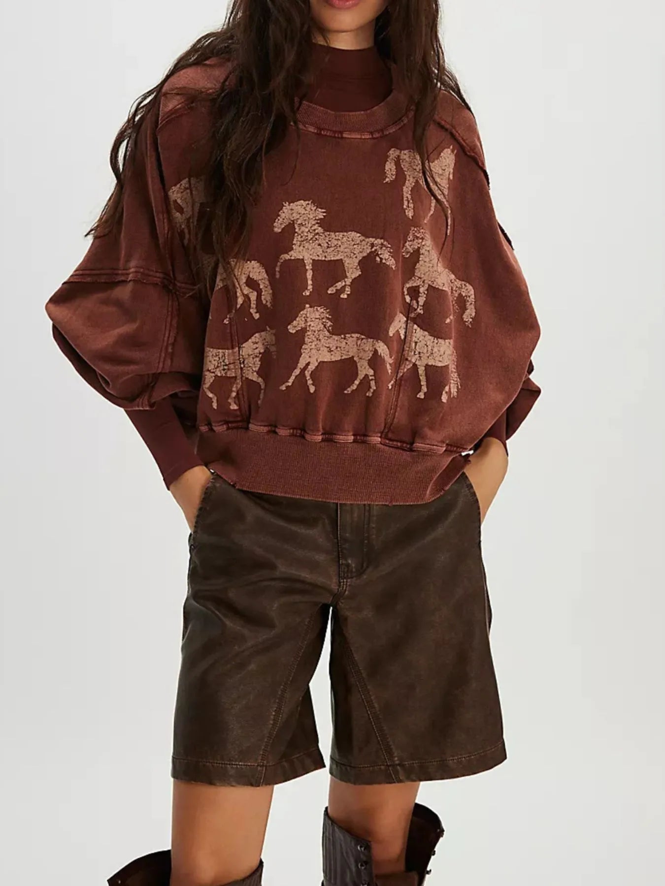 Print Round Neck Oversized Sweatshirt Brown OutfitFlow