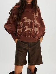 Print Round Neck Oversized Sweatshirt Brown OutfitFlow