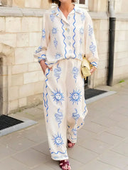 Printed Long Sleeve Shirt and Pants Set Milky White OutfitFlow