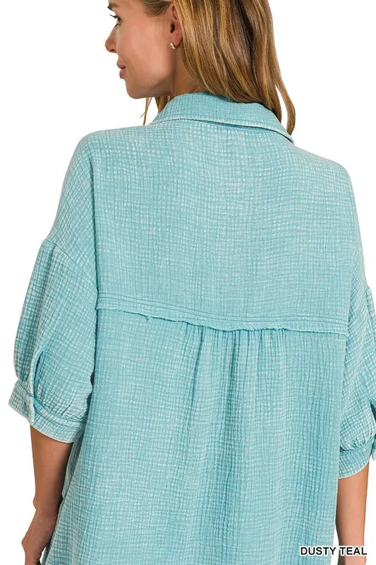 Zenana Washed Double Gauze Button Down Shirt Dress OutfitFlow
