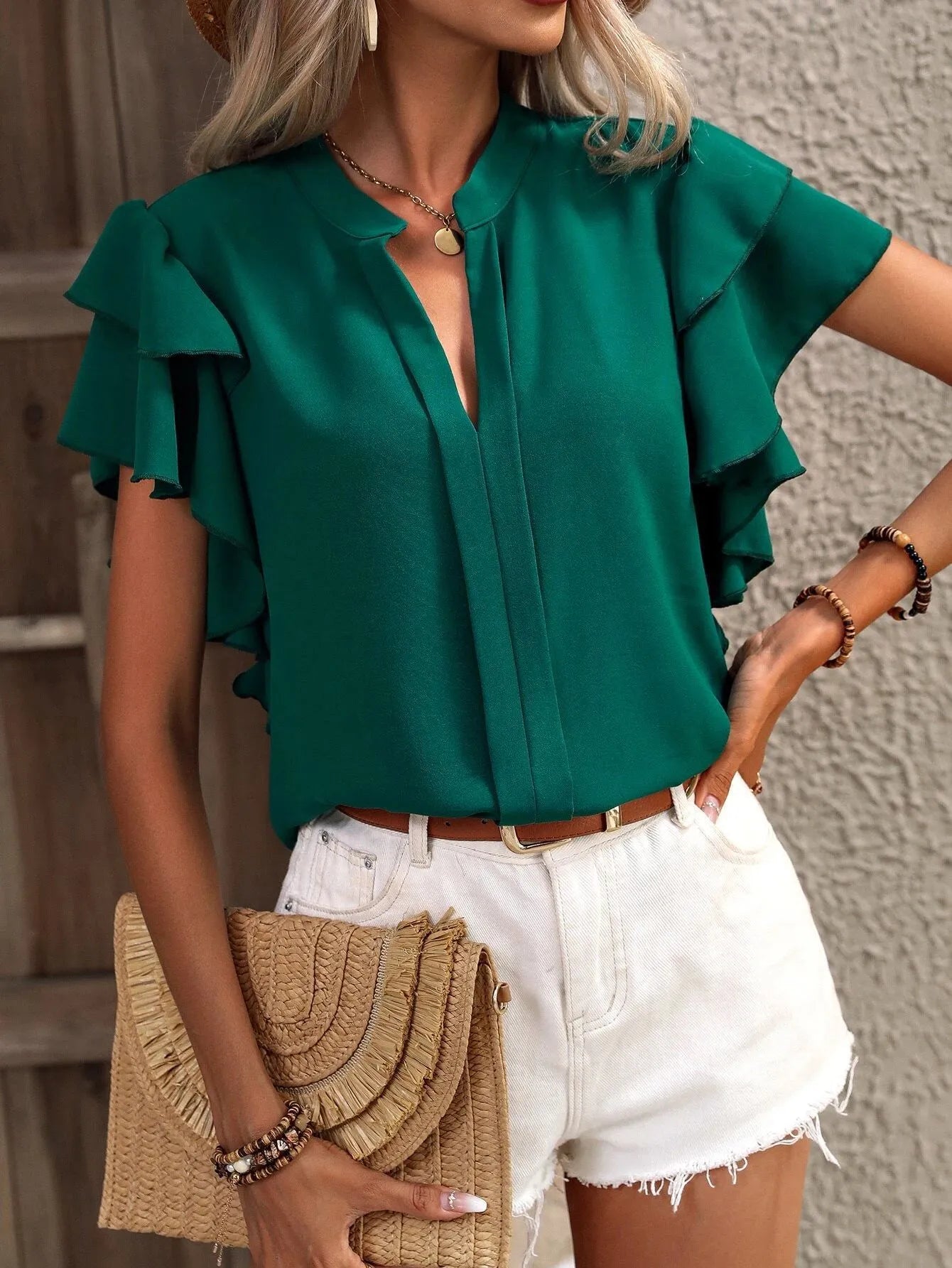 Ruffle Sleeve Notched Blouse OutfitFlow