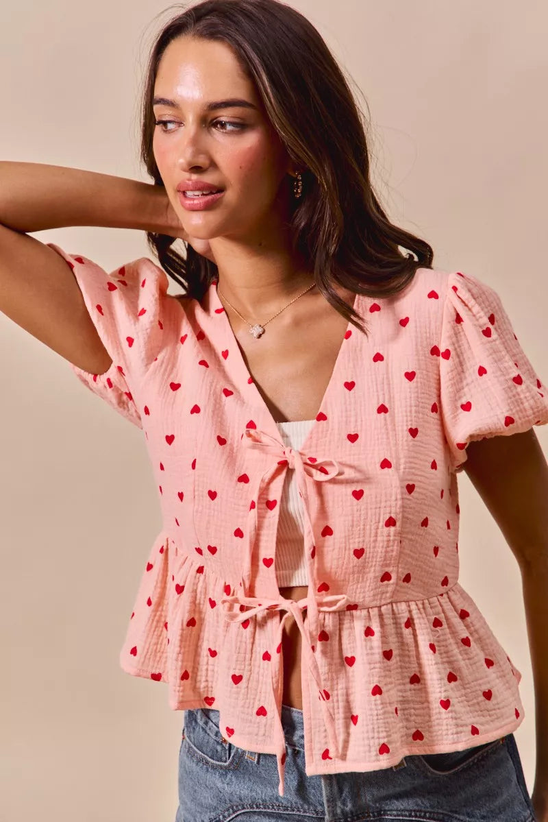 SO ME All Over Heart Ribbon Tie Baby Doll Valentine Blouse OutfitFlow