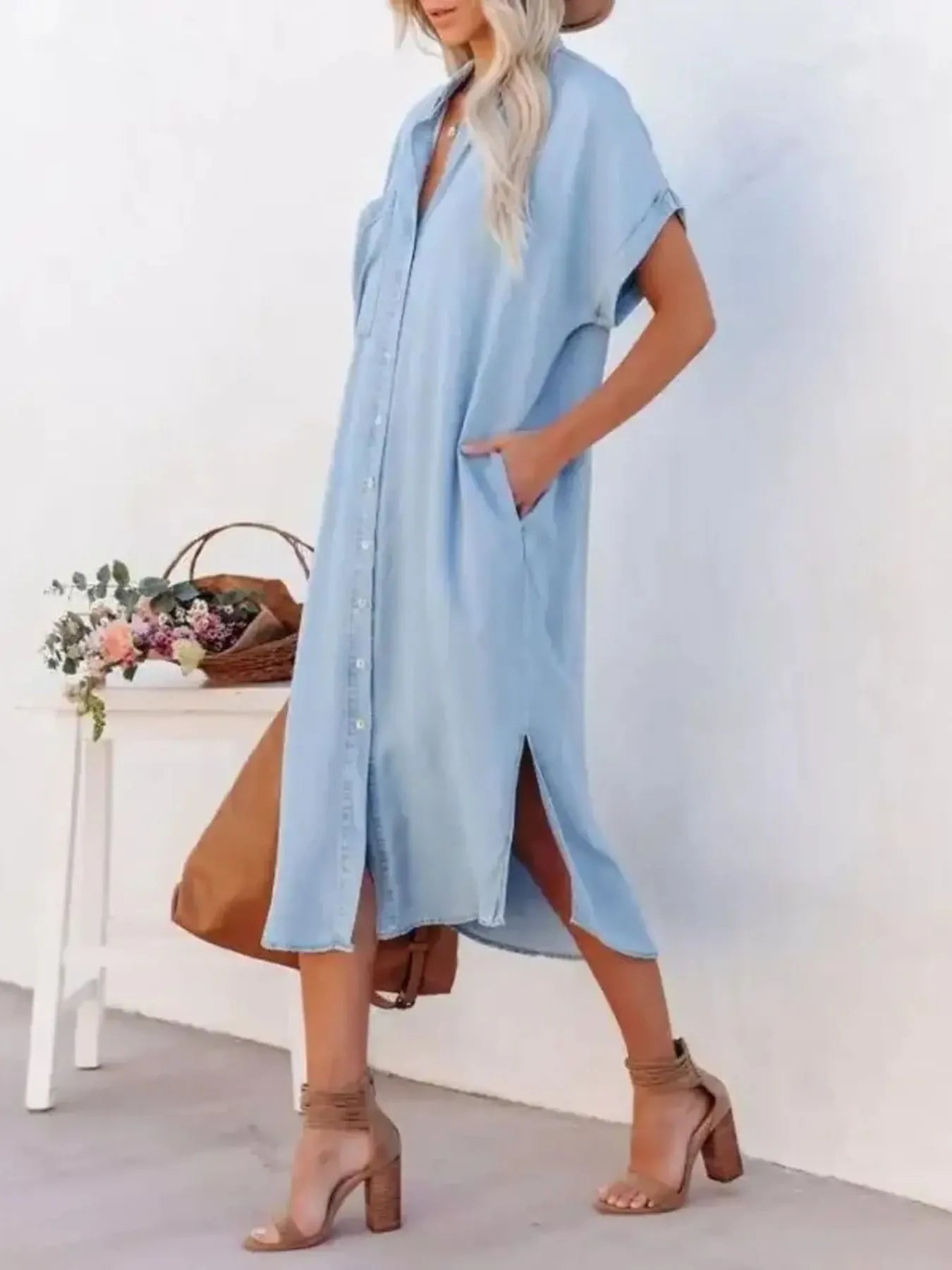 Button Down Denim Midi Shirt Dress OutfitFlow