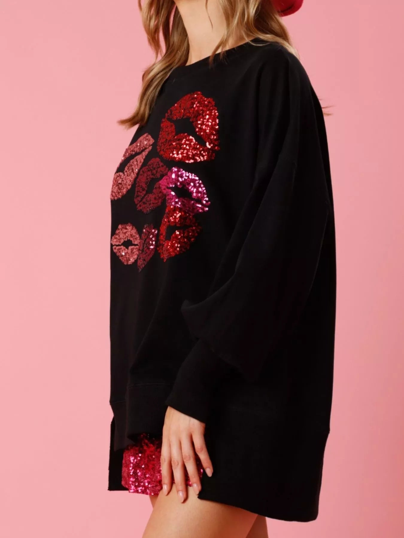 Lips Round Neck Dropped Shoulder Sweatshirt OutfitFlow