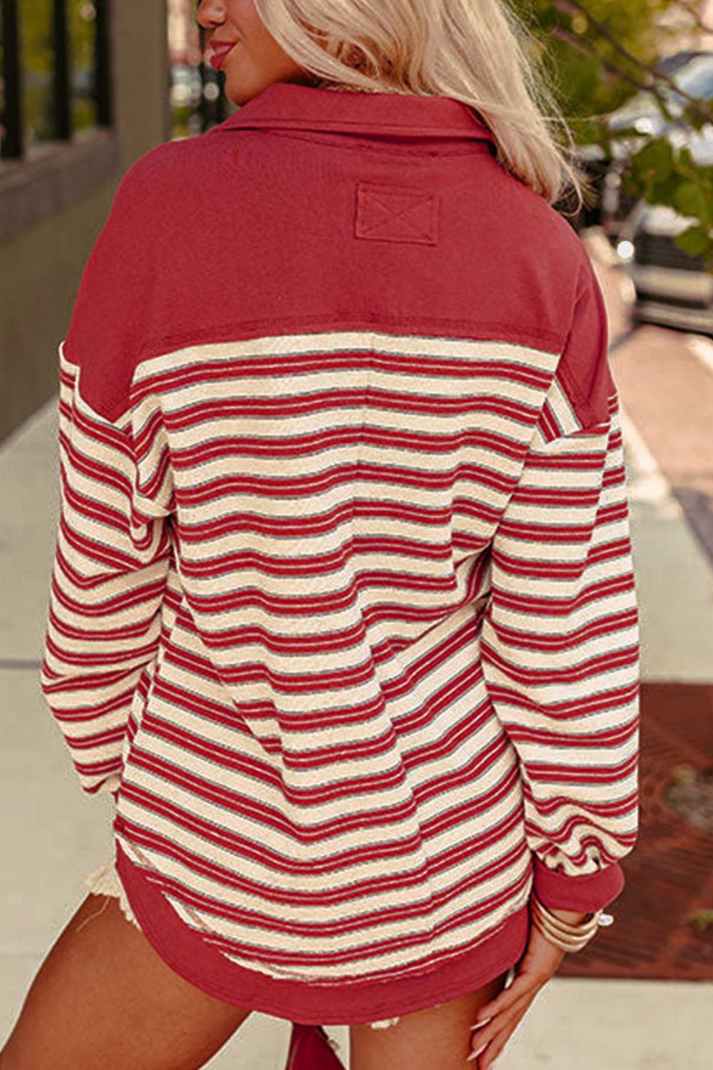 Outfit Flow - Stripe Johnny Collar Drop Shoulder Sweatshirt