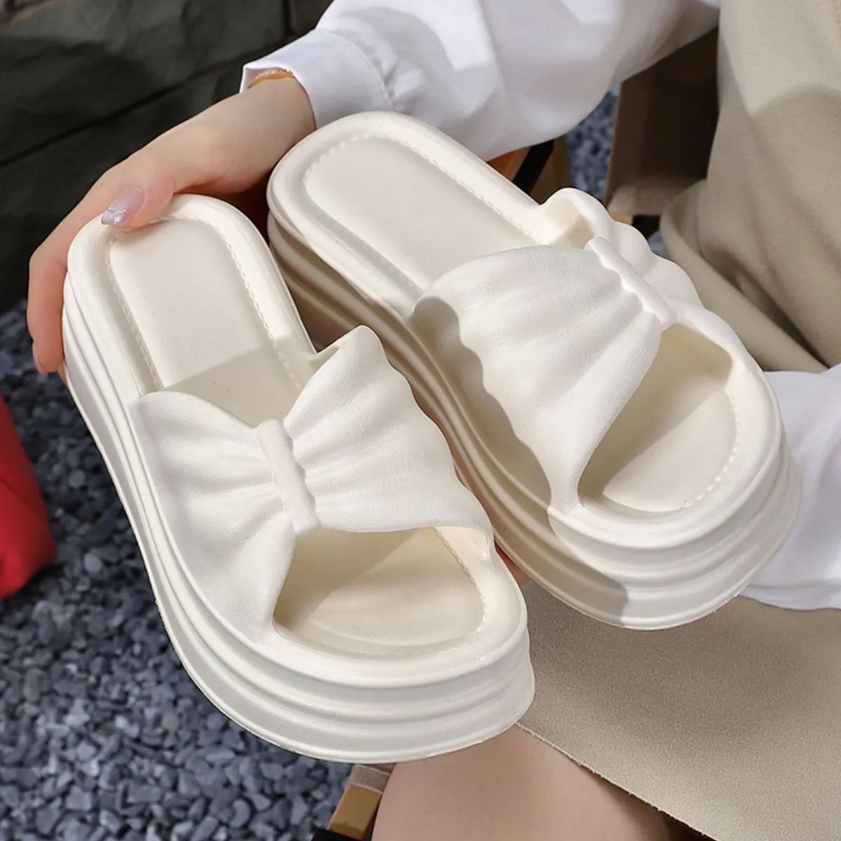 Open Toe Platform Slippers White OutfitFlow