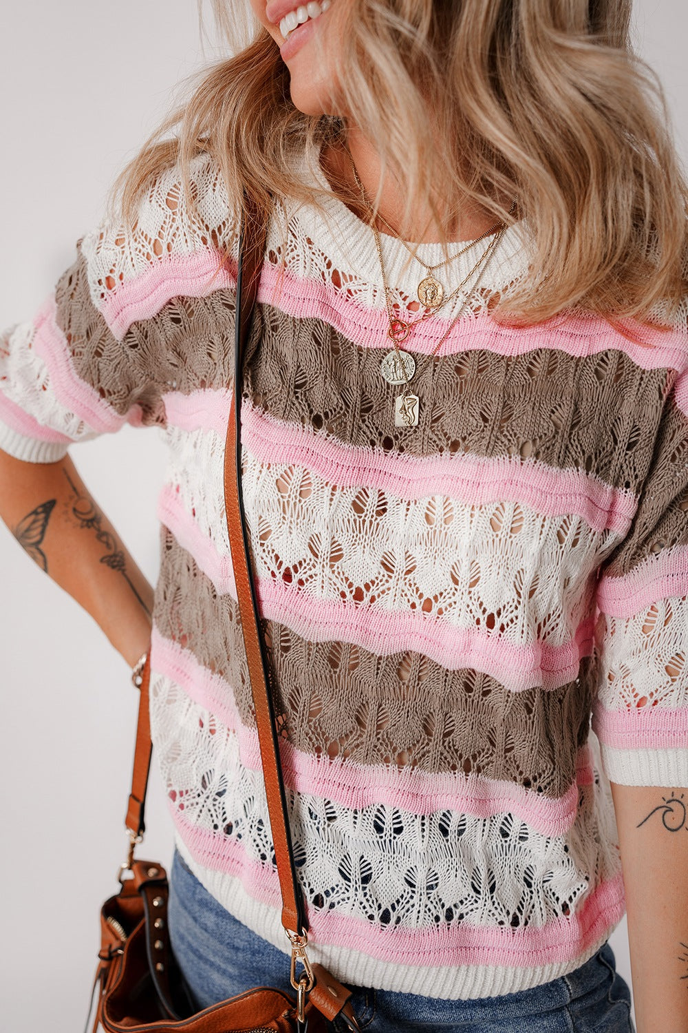 Color Block Openwork Half Sleeve Sweater Taupe OutfitFlow