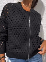 Full Size Zip Up Long Sleeve Cardigan with Eyelet Detail Plus Size OutfitFlow