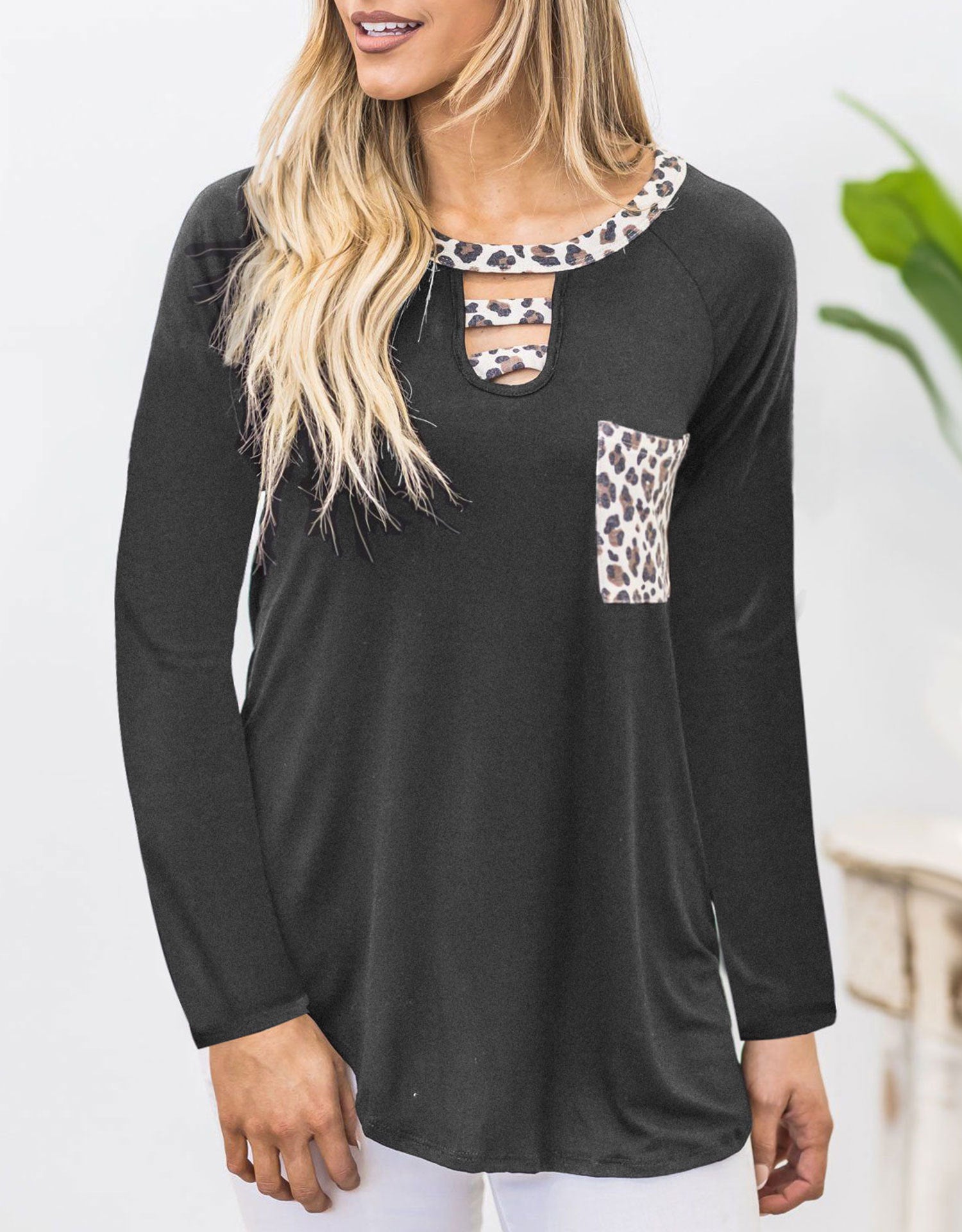 Outfit Flow - Cutout Leopard Round Neck Long Sleeve T-Shirt