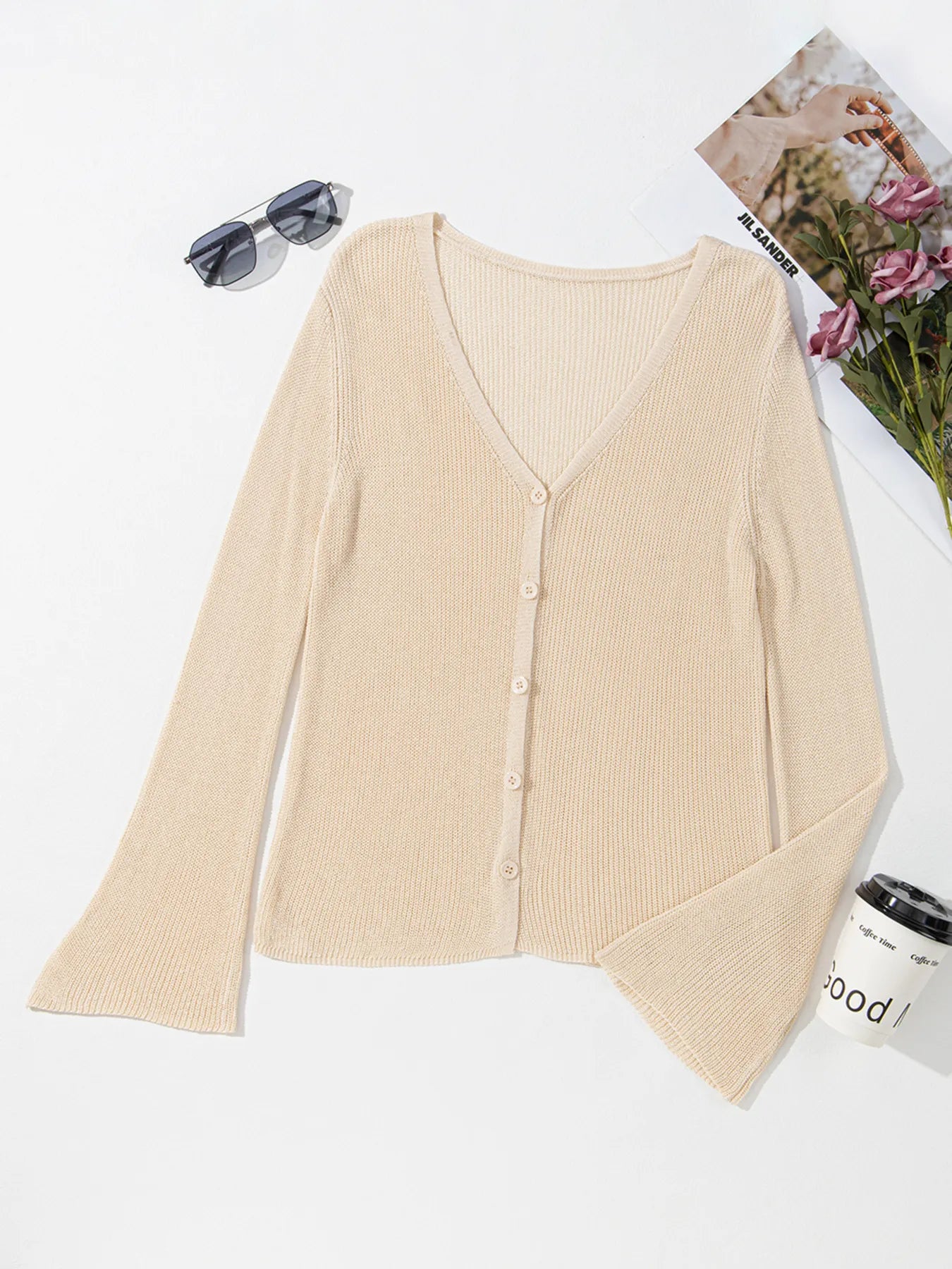 Lightweight V Neck Button Front Bell Sleeve Cardigan OutfitFlow