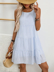 Plaid Round Neck Sleeveless Mini Dress OutfitFlow