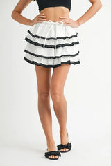 MABLE Poplin Ruffle Layered Contract Lace Trim Mini Skirt Off White OutfitFlow