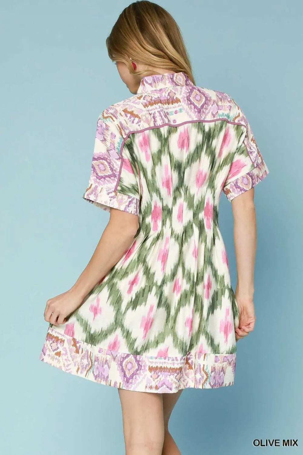 Umgee Ethnic Print Short Sleeve Mini Shirt Dress Trendsi