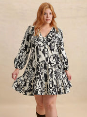Plus Size Printed V-Neck Long Sleeve Mini Dress OutfitFlow