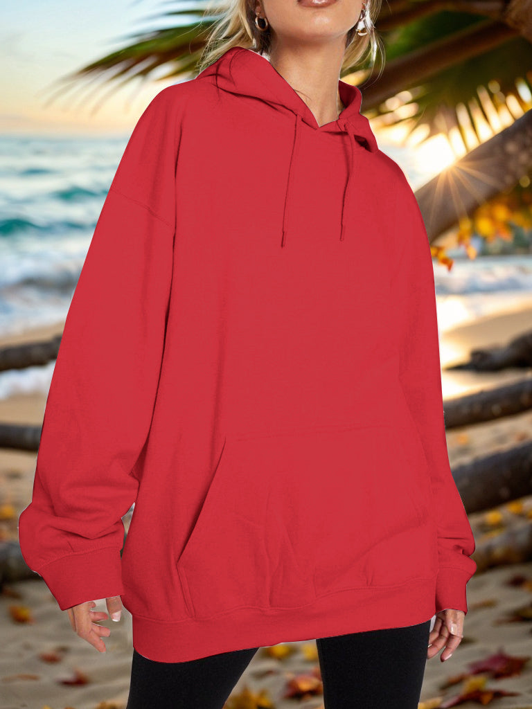 Drawstring Dropped Shoulder Hoodie Burgundy OutfitFlow
