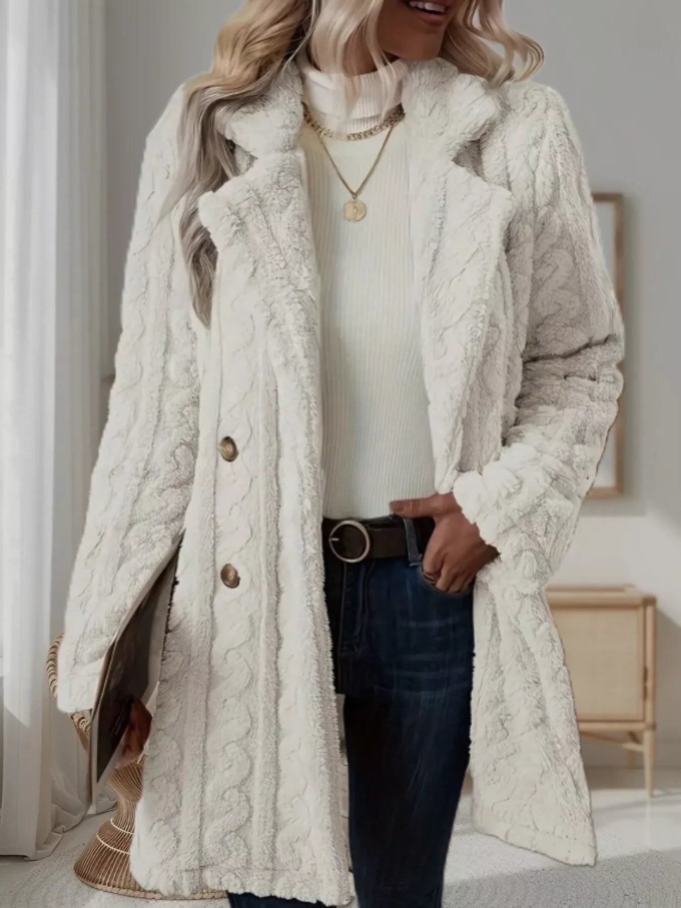 Double-Breasted Fleece Longline Coat White OutfitFlow