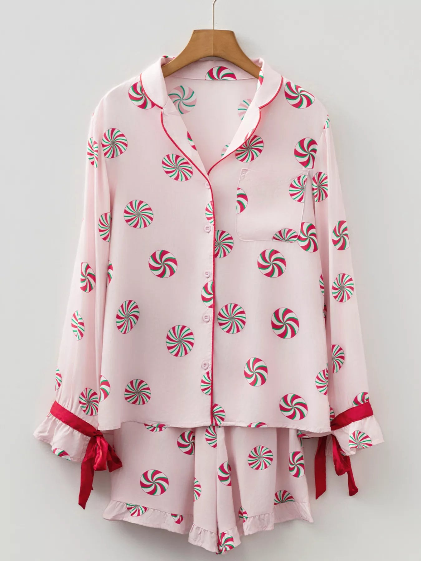 Christmas Candy Contrast Trim Bow Knot Top and Shorts 2pcs Pajama Set OutfitFlow