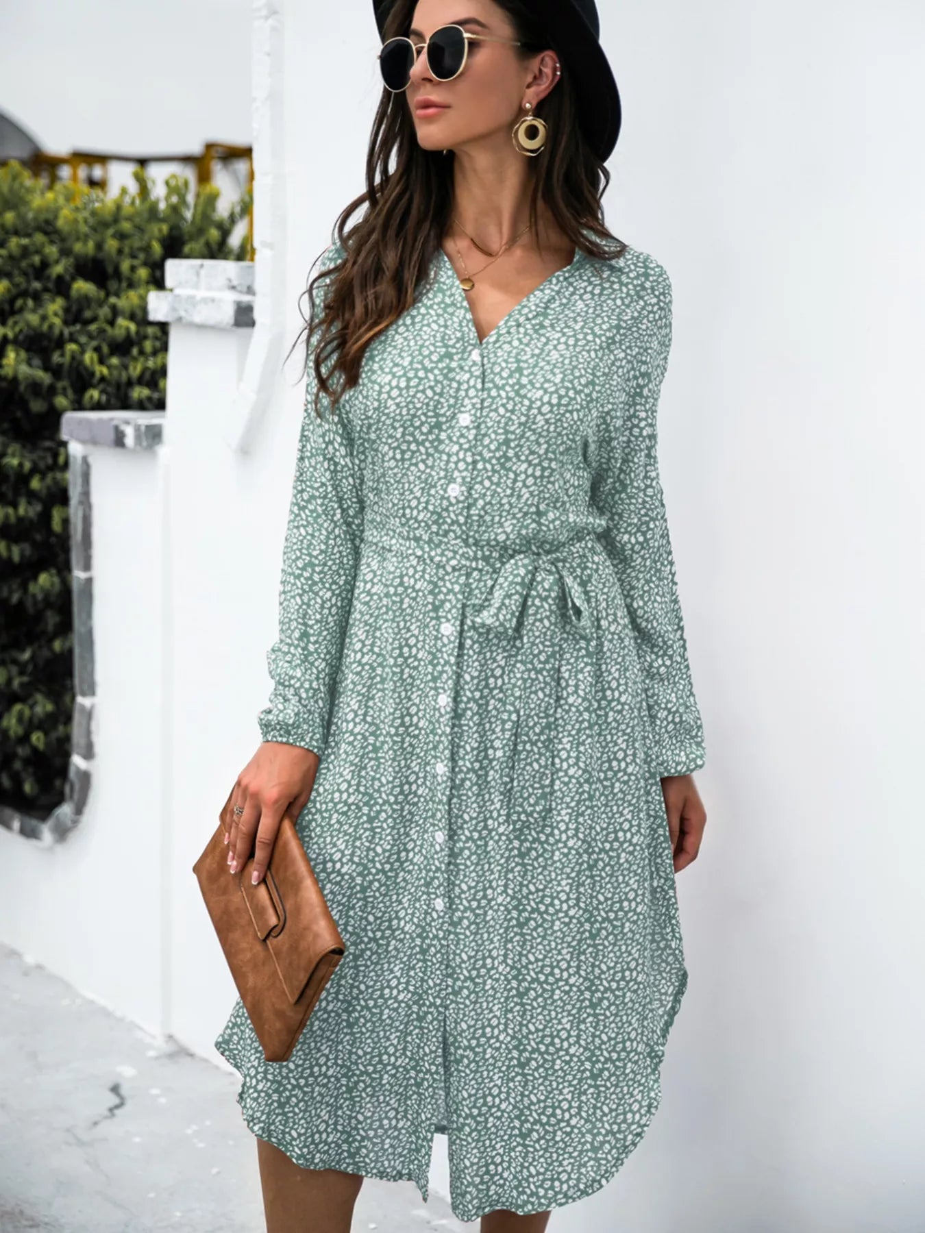 Button Down Printed Long Sleeve Shirt Dress OutfitFlow