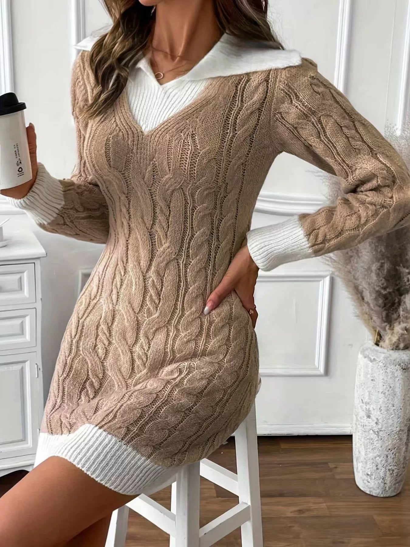 Cable Knit Contrast Trim Sweater Dress OutfitFlow