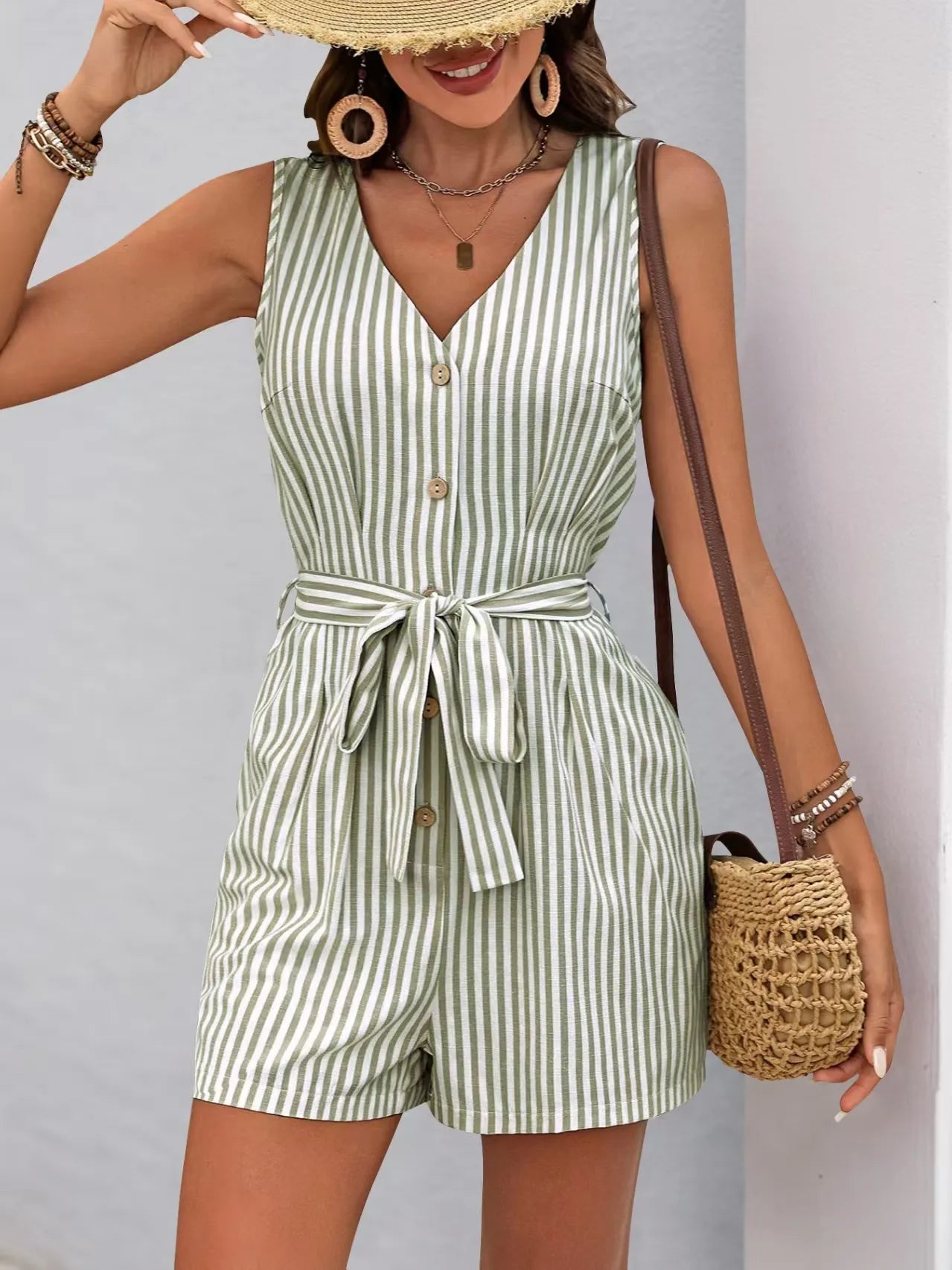 Striped V-neck Button Front Belted Romper OutfitFlow